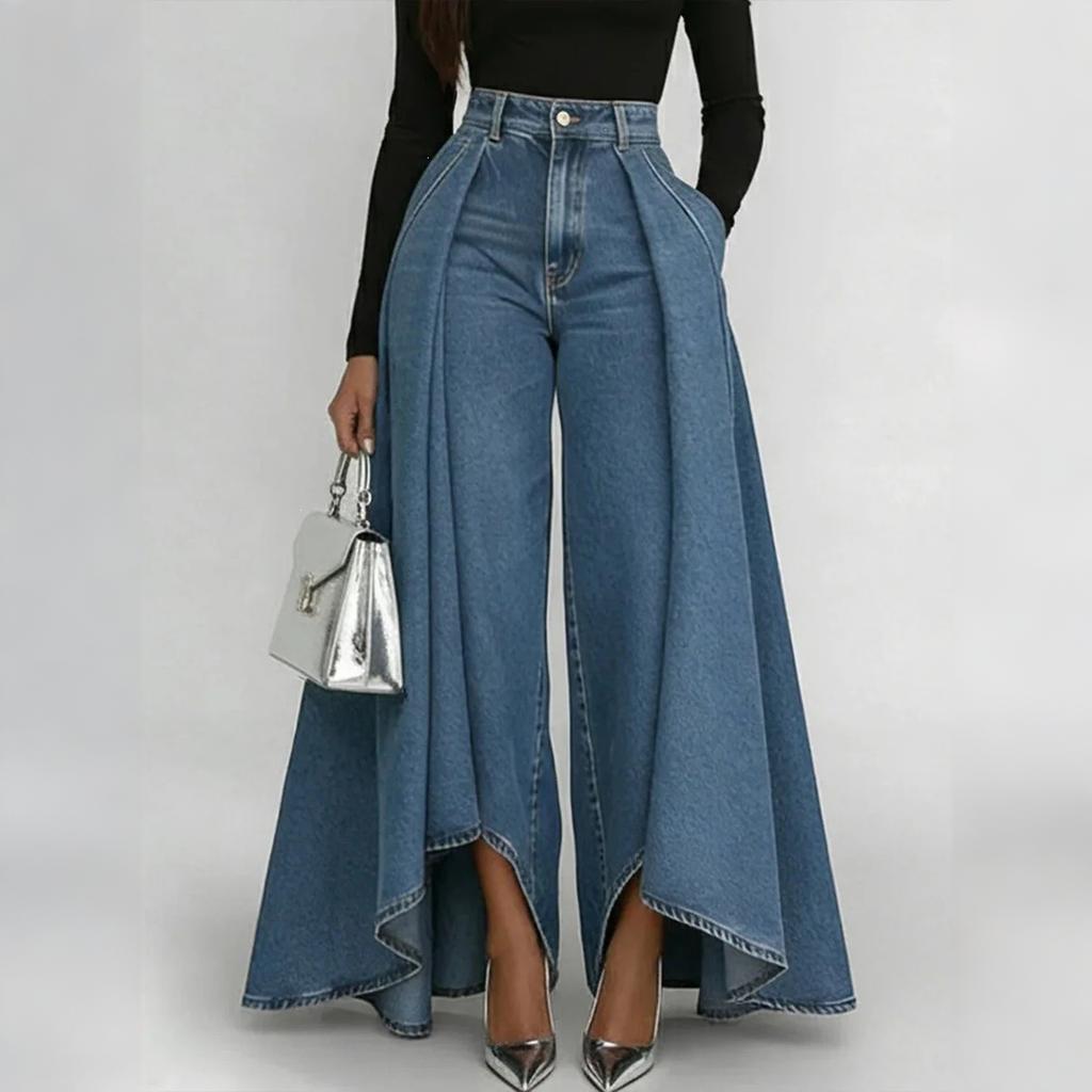 High Waist Wide Leg Jeans für Damen Lockerer Schnitt Lässige Jeans mit Verlängertem Ausgestelltem Überlager-Panel Stilvolles Bequemes Design