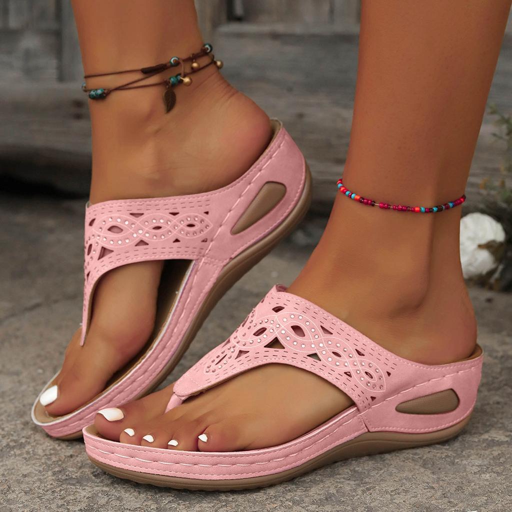 Acorns Womens Slippers Wedge Platform Slide Slip On Thong Cutout Rhinestone T Strap Walking Breathable Sandals For Woman