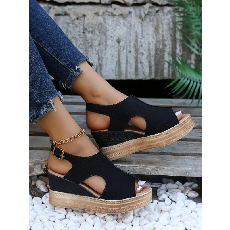 Summer Fish-mouth Shoes Wedge Heels Open-toe Buckle Shoes High-heeled Sandals