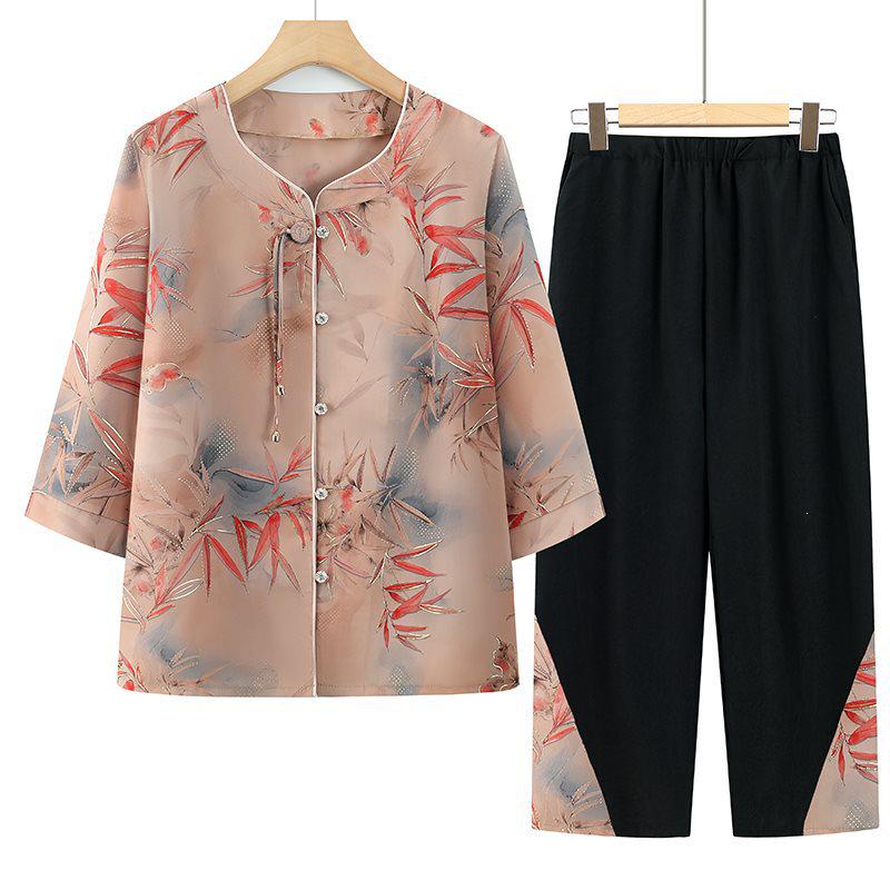 

Grandma Style Summer Women s Bamboo Leaf Print Shirt & Casual Pants Set 2XL 100-115 lbs