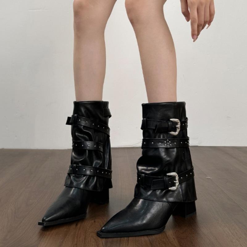 

Винтажные ковбойские сапоги с острым носком, на толстом каблуке, сапоги-трубы для брюк, женские 2025 новые, очень красивые короткие сапоги, плиссированные сапоги на высоком каблуке 40 чёрный