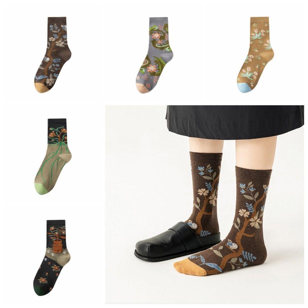 Flower Girls Mid-calf Socks Thin Retro Style Sock Women Fashion Floral Tube Socks Female
