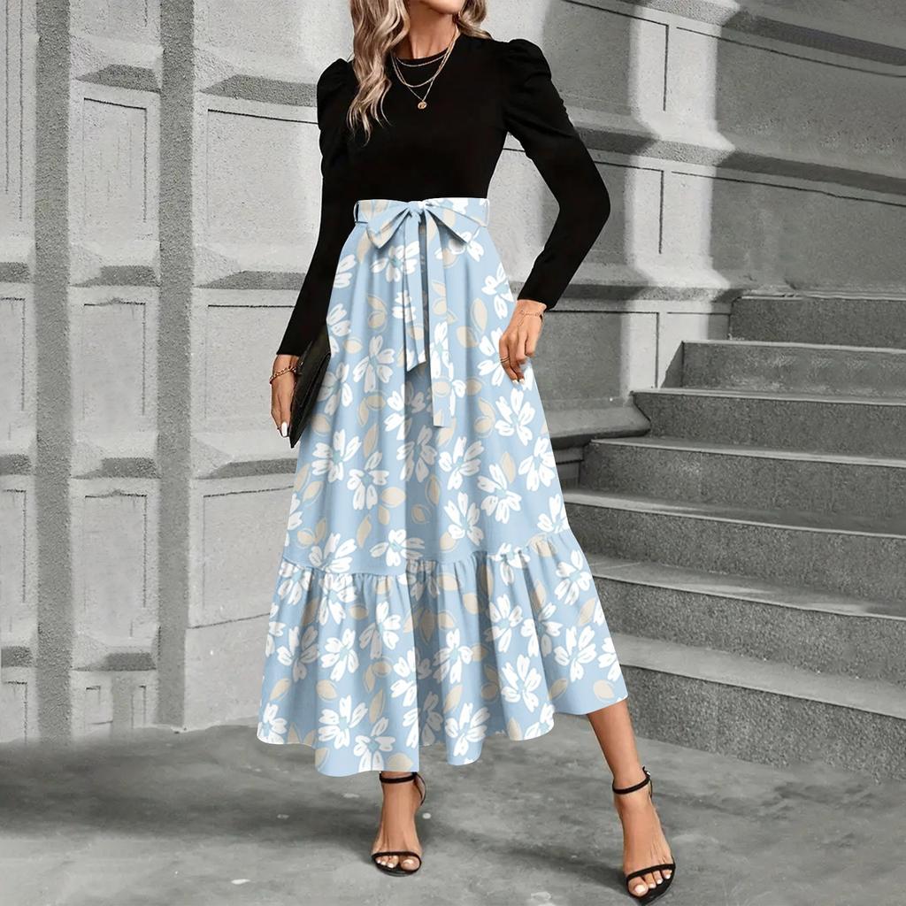 Women's Floral Print High Waist Fashionable And Elegant Dress
