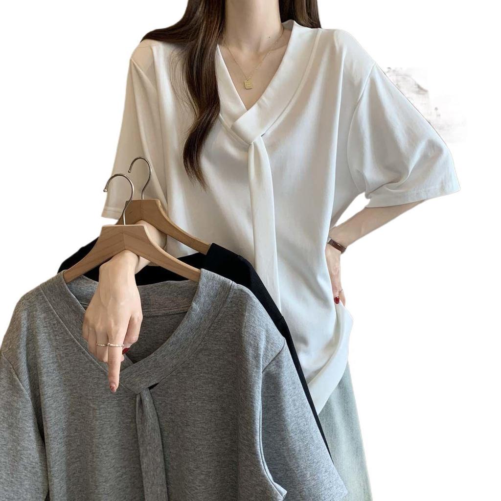2026 Plus Size V-Neck Short-Sleeve Slimming T-Shirt for Women - Loose Fit, Flaw-Hiding Summer Fashion Top