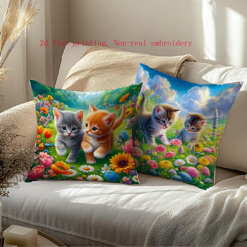 4pcs Set, 2D Flat Printing, Not Real Embroidery, Holiday Pillowcase Set, Spring-Themed Cozy Cat and Floral Pillowcase Set, Adorable Cats and Colorful