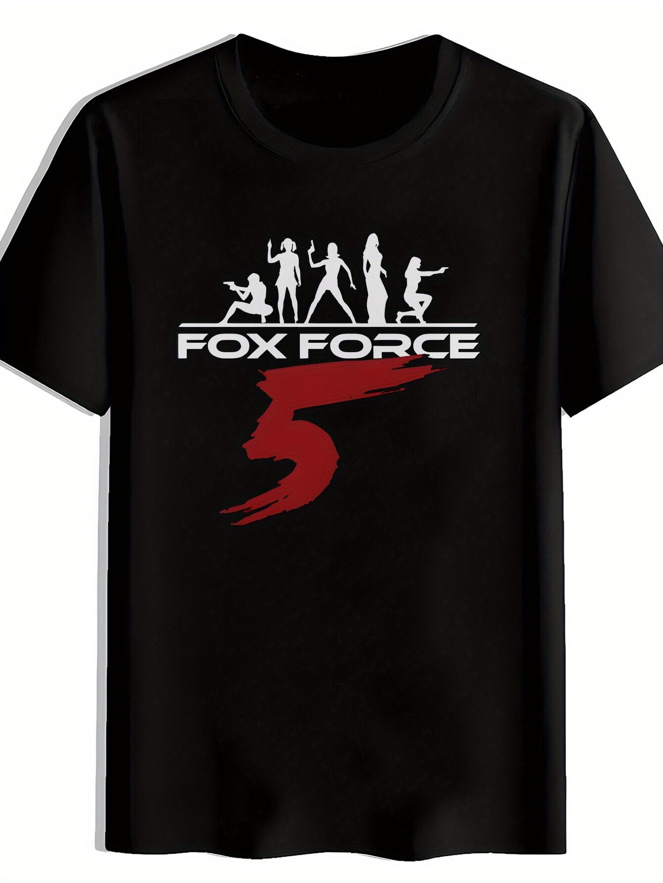 

Black Graphic T-shirt with FOX FORCE 5 Action Silhouettes & Bold Red 5 Design - Casual Round Neck Summer Tee S
