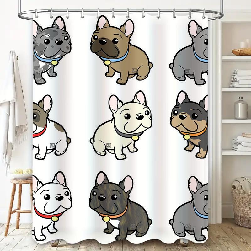 Adorable Cartoon Dog Shower Curtain Set Multicolored French Bulldogs Decor Bathroom Fabric Water Resistant Shrinkproof Shower Cu