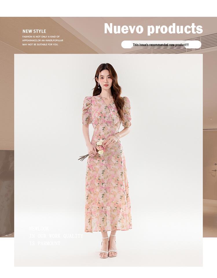 ML305 Women's French V-Neck Elegant Waist-Cinching Floral Dress - Slim Fit, Summer 2026 New Arrival