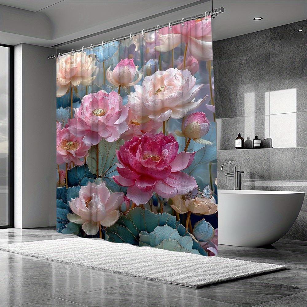 1Pc Floral Shower Curtain Large For Lotus Pattern Bathroom Decoration Polyester Fabric With 12 Hooks 70. 8X70. 8 Inch