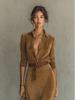 2025 Autumn Women's Suede Belted Lapel Dress - Elegant & Fashionable, Single-Breasted Long Style