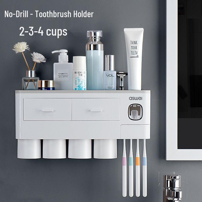 Drawer-Style Wall-Mounted Toothbrush Holder Set with Magnetic Suction Mouthwash Cup