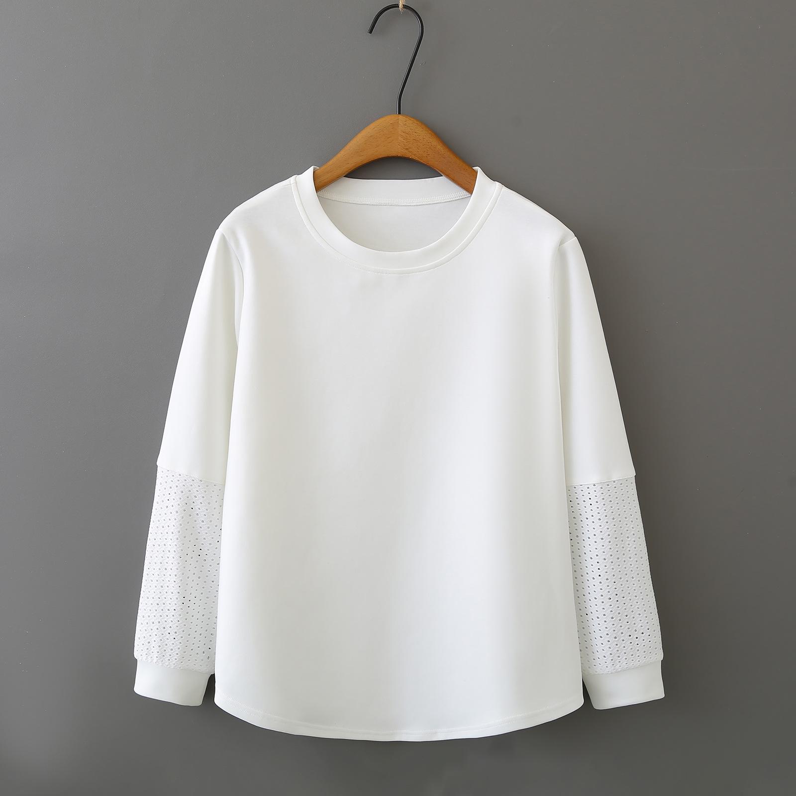 

2026 Spring Women s Plus Size Long Sleeve Hollow-Out Patchwork 2-in-1 T-shirt, Round Neck Casual Versatile Top. 3XL белый