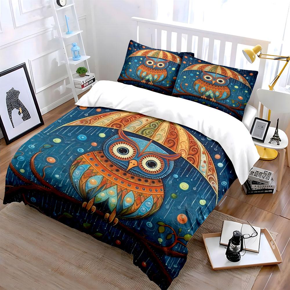 Colorful owl under umbrella. Bedding sets Duvet cover sets Duvet covers Pillowcases(1*Duvet Cover 2*Pillowcases without duvet insert)