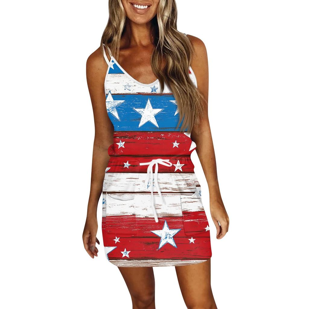 Women's Fashion Summer Independence Day Printed Loose Sleeveless  Pocket V-Neck Dress