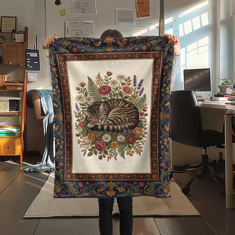 Cat Flower Print Flannel Blanket, High Quality Comfortable for All Seasons, Home Decor, Warmth and Comfort, Perfect for Christmas Gifts44