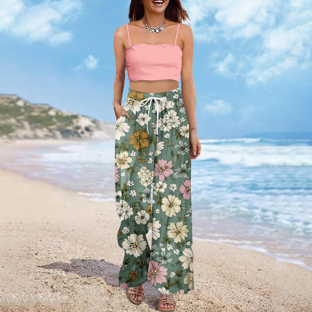 Dámské letní kalhoty Boho Palazzo s vysokým pasem a širokými nohavicemi s květinovým potiskem ležérní kalhoty s kapsami
