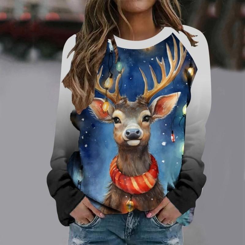 

Забавный милый принт лося с длинным рукавом 2023, рождественская женская футболка Harajuku, хлопковые женские футболки, удобная рубашка, женский топ 8XL