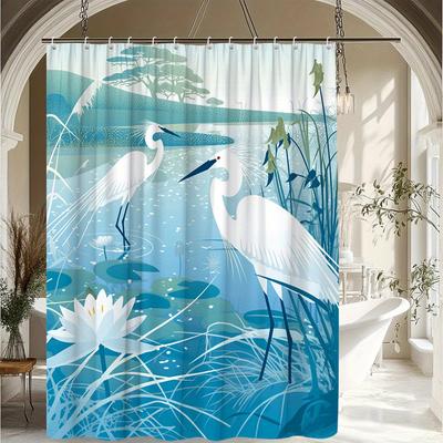 1Pc Natural Scenery Shower Curtain With Egret, Reed, And For Lotus Pattern Bathroom Decor Polyester Fabric Includes 12 Hooks 70.