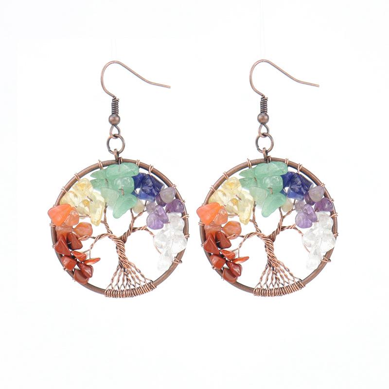 Handmade Vintage Wire-Wrapped Natural Stone Crystal Tree of Life Earrings E19