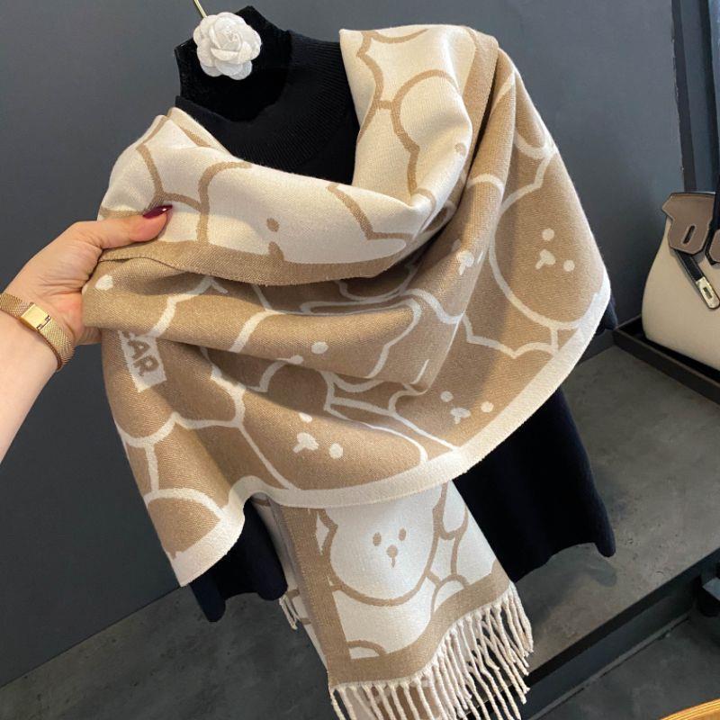 Korean Version of Cute Bear Student Imitation Cashmere Scarf High End Lady Soft Girl Tassel Shawl  Warm and Thickened Scarf