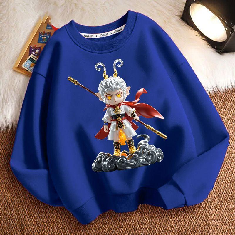 Cute Black Mythological Wukong Round-neck Hoodie for Children, Fashionable Long-sleeved Hoodie for Boys and Girls In Spring and Autumn