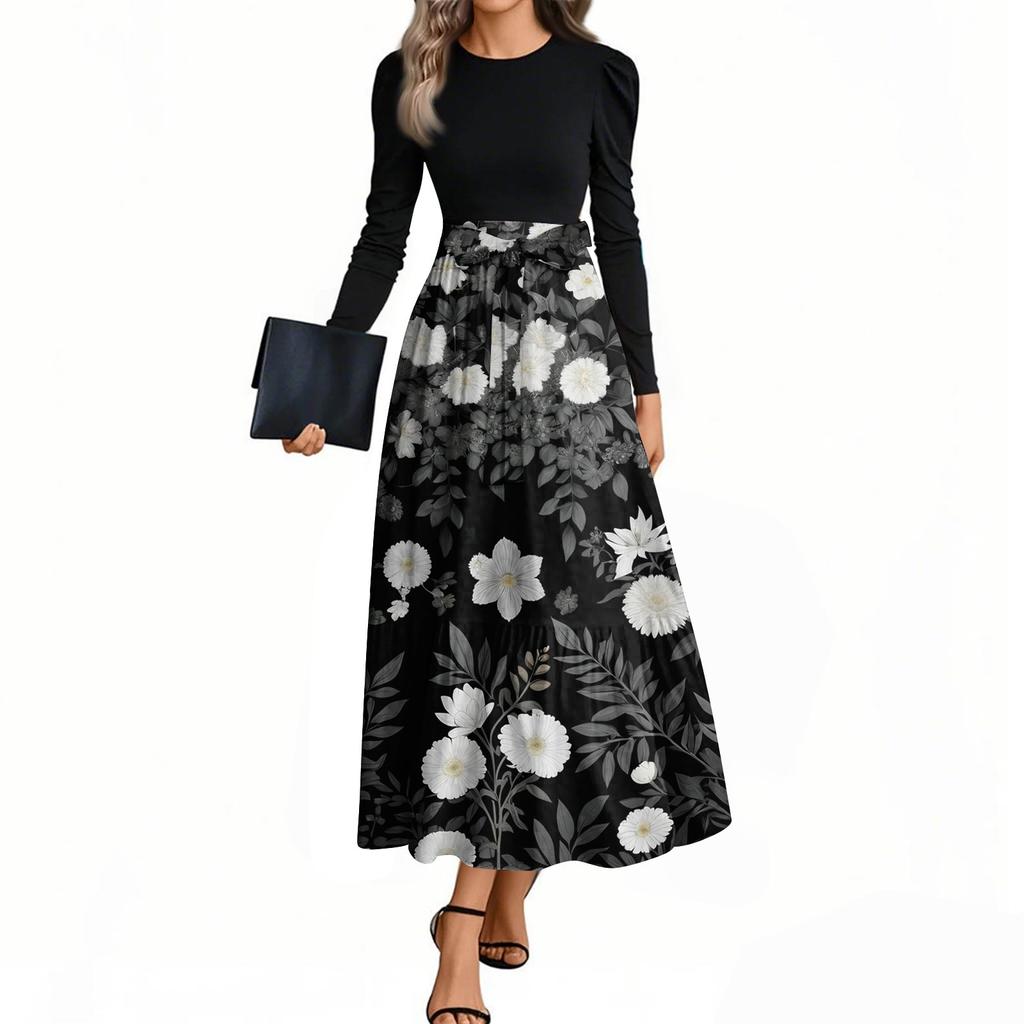 Rochii de damă la modă, casual, cu centură, cu mânecă lungă, cu gât rotund, cu imprimeu floral, elegante, cu temperament