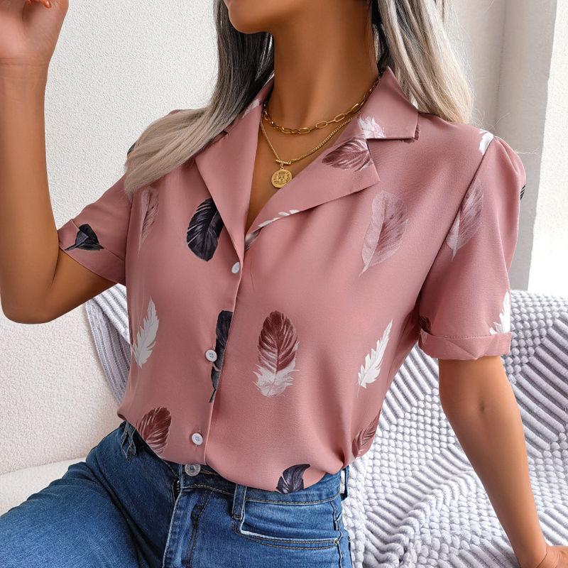 Women Summer Suit Collar Feather Loose Short Sleeve Shirt Blouses Loose All Match Tops