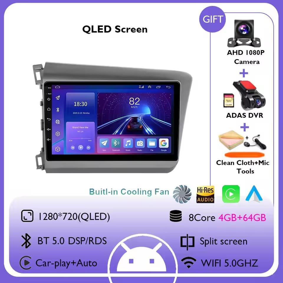 9" Android 14 Car Radio For Honda Civic RHD 2012 2013 2014 2015 Multimedia Player Carplay Auto Stereo GPS Navigation Head Unit