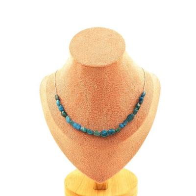 Steine und Mineralien. Kette 20 Perlen blauer Apatit aus Brasilien. Edelstahlkette Halskette für Damen, Herren. Benutzerdefinierte Größe