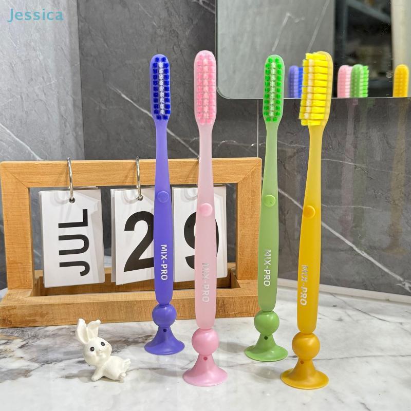 Extra-Long Brush Head Antibacterial Soft Bristle Toothbrush With Non-Slip Handle And Suction Cup Base Upright Design