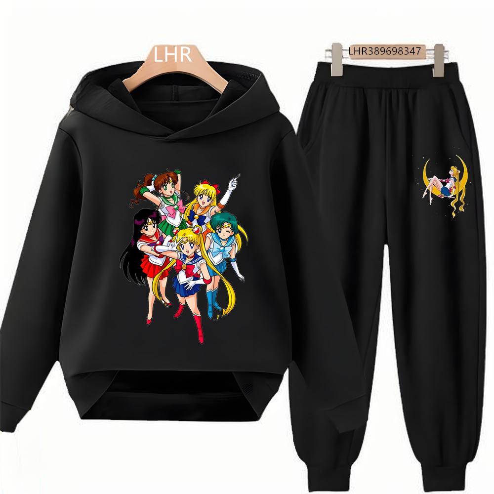 Fashion Anime Hoodie Sailor Moon Print Kids Girl Pink 3-12 Years Sweatshirt+Trousers Sports Pullover Coat Leisure Autumn Set