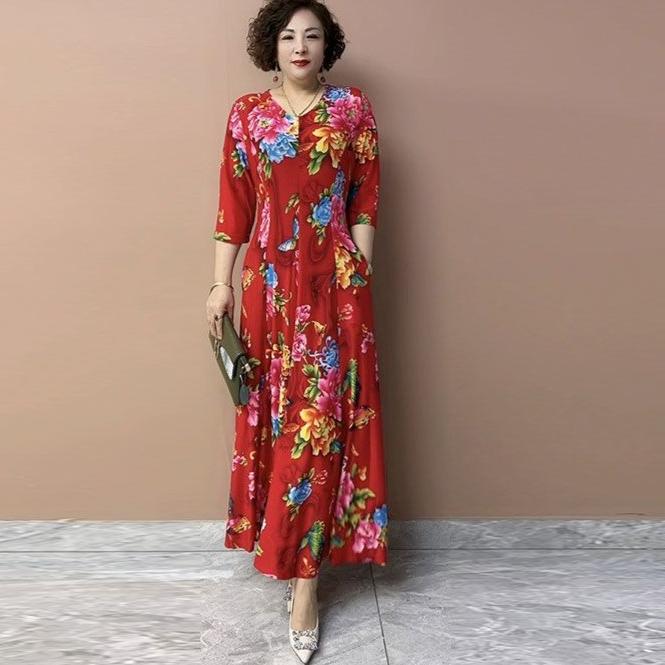 Summer Women's V-Neck Floral Casual Dress Ice Silk Linen High Elastic Long Dress A-Line Plus Size Dress