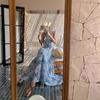 New Blue Butterfly Suspender Skirt Women's Summer Design Dress Mesh Drape Waist Fishtail Skirt