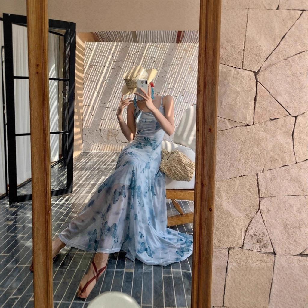 New Blue Butterfly Suspender Skirt Women's Summer Design Dress Mesh Drape Waist Fishtail Skirt