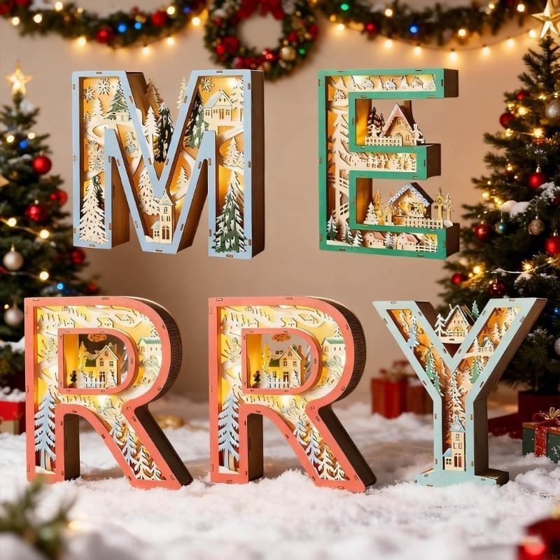 Hollowed Merry Wooden Letter Desk LED Lamp For Mantels Tabletop Shelf Display China Mainland