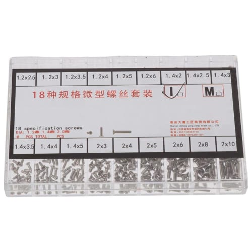 Small Screw Assortment Kit, 18 Types of M1.2 / M1.4 / M2.0 Mini Micro Screws Set, Flat and Countersunk Head for Sunglasses, Eyeglasses, Clocks, and Ta