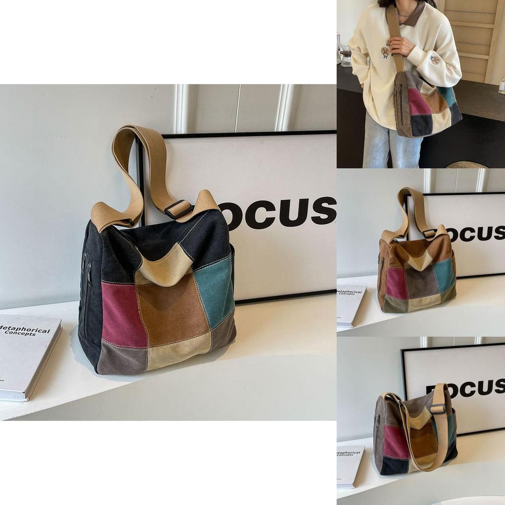 Trendy Color Stitching Canvas Tote Bag 2024 New Street Style Wide Strap Crossbody Bag