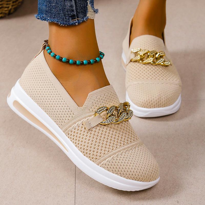 Fashion Rosy Red Mesh Breathable Knitted Sneakers Women Chain Decor Lightweight Slip On Walking Shoes Woman Comfy Soft Sole Casual Shoes