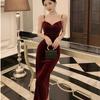 Velvet Dress Women's Morning Inside Temperament Socialite Medium and Long Suspender Skirt Pleated Waist Hip Skirt