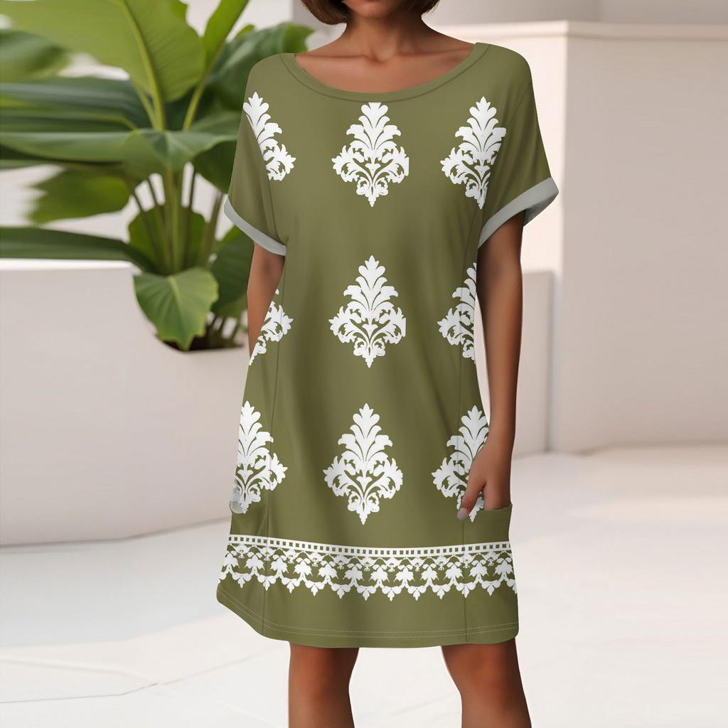 Women's Fashion Short Sleeve Dress With Pockets Floral Print Casual Beach Dress