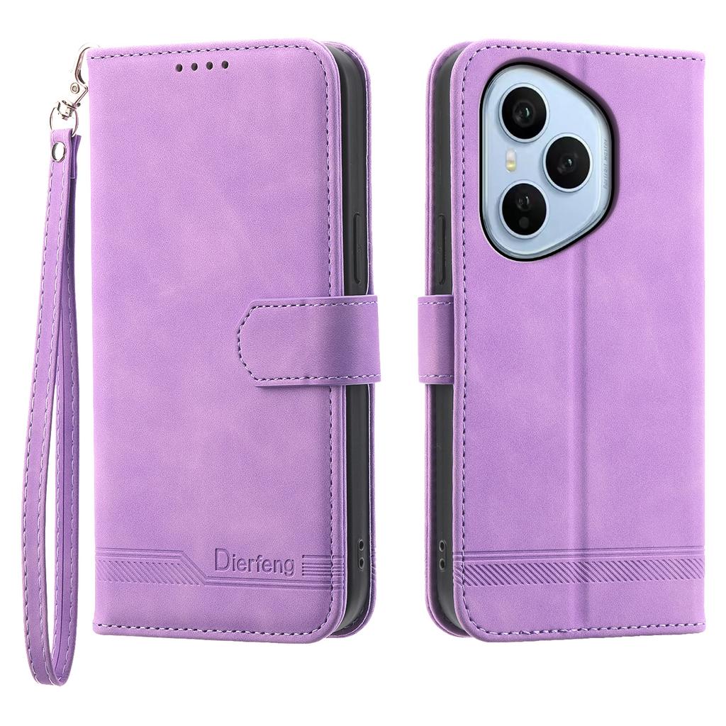 DIERFENG DF-03 For Honor 400 Pro 5G (Global) Case Lines Imprint Wallet Leather Phone Cover with Wrist Strap