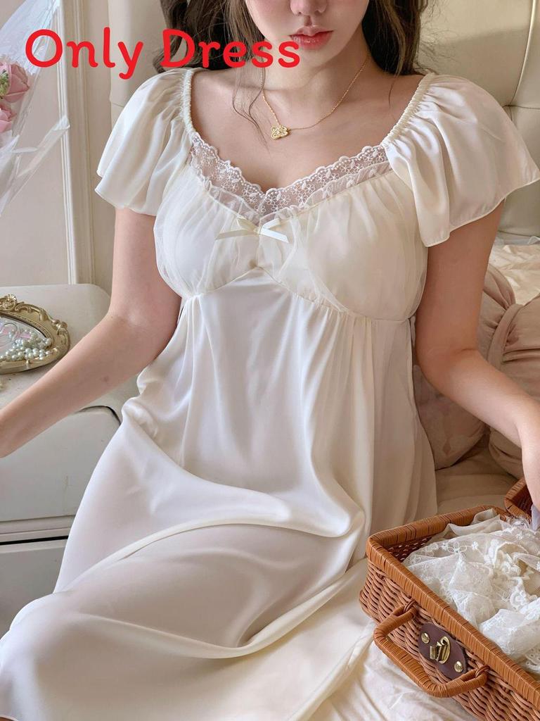 Palace Style Mesh Nightdress For Women With Builtin Bra Summer Short Sleeve Home Wear