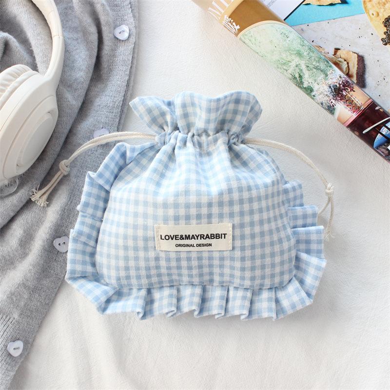 Korean Cute Ruffle Edge Drawstring Bag Retro Plaid Drawstring Bags Large Capacity Travel Organizer Bags Jewelry Dust Bag