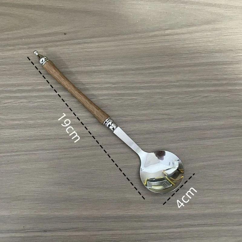 20cm Pear Wood Handle Stainless Steel Long Round Head Spoon for Rice Soup Dessert Tableware Kitchen Dining Tool