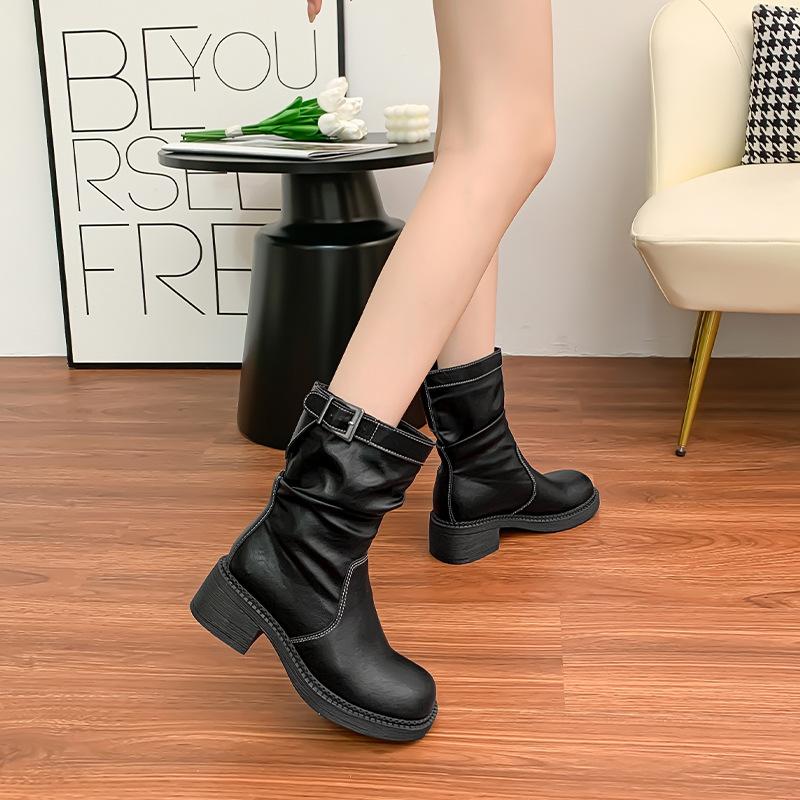 Korean version of knight boots women's belt buckle pleated piled boots comfortable soft sole not tired feet British style thick-soled Martin boots