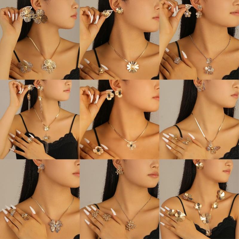 Elegant Hollow Floral Earrings Necklace Set Women Alloy Jewelry Minimalist Chic Accessories