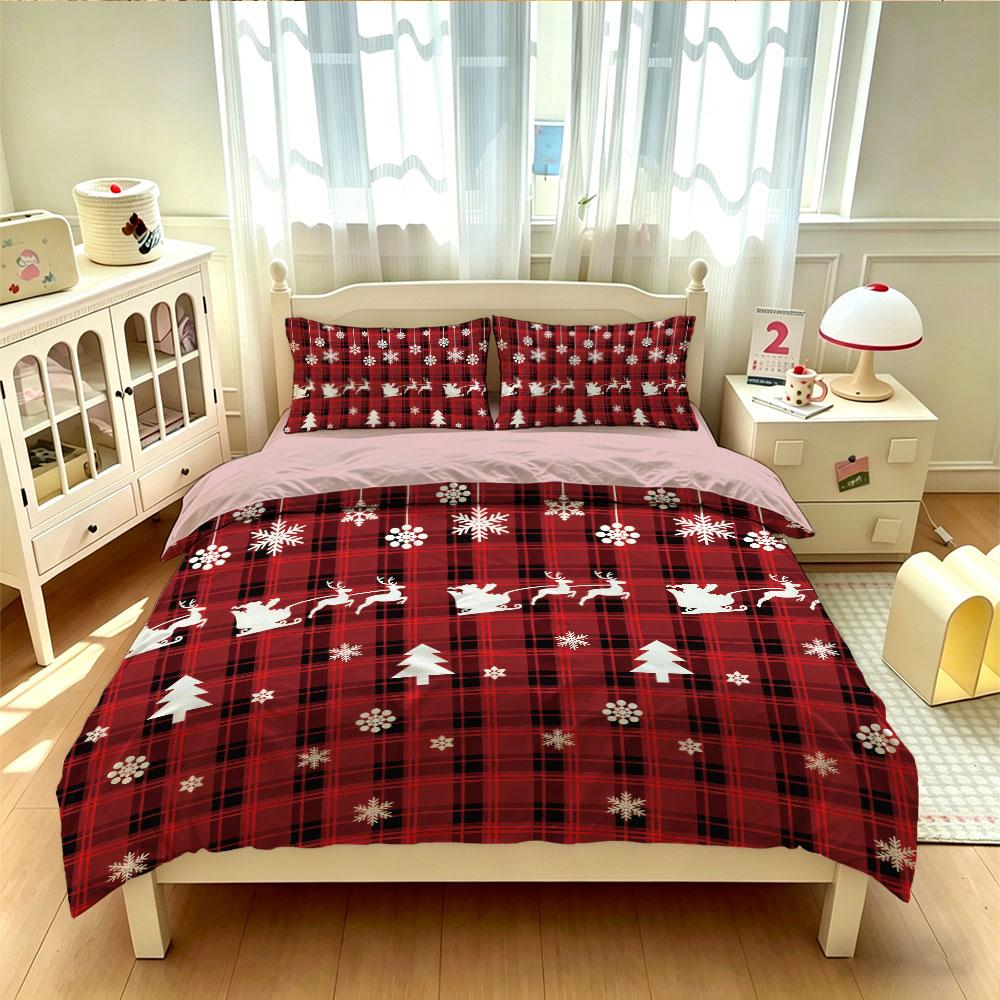 A three-piece red plaid Christmas-themed bedding set featuring decorative patterns. Machine-washable and super soft