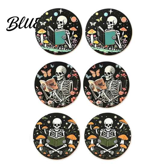 Drink Coasters for Tables 6PCS Skull Pattern Wooden Coasters, Heat Insulation Moisture Absorption Table Protection Mats Retro Decorative Home