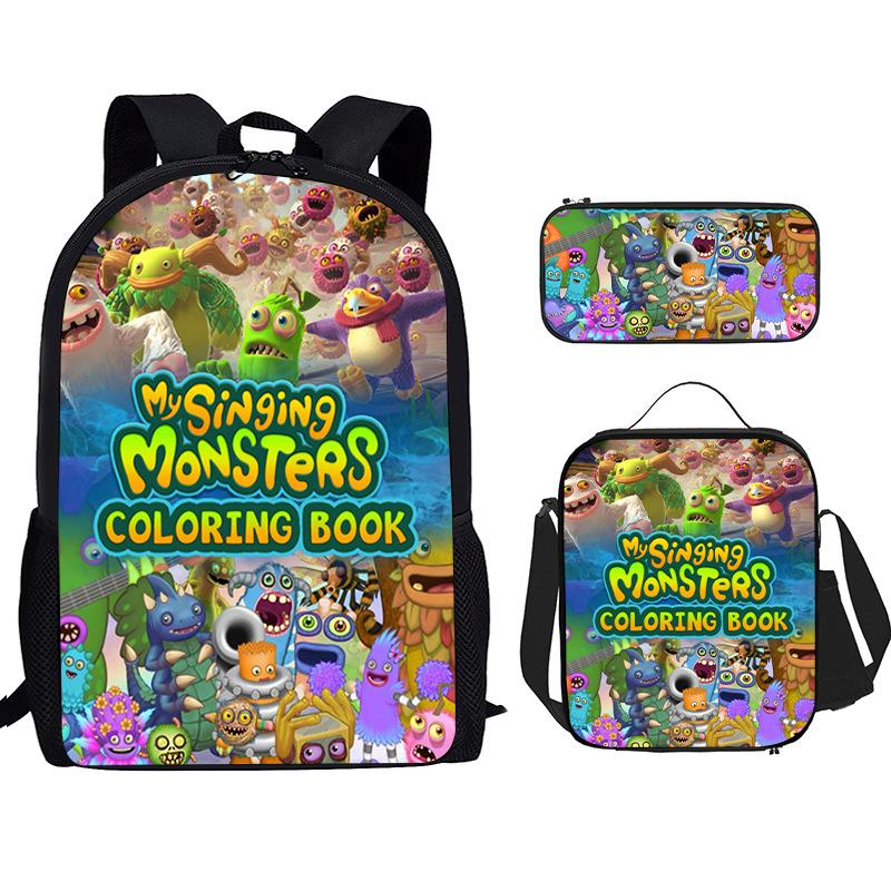 Monster Singer Elementary School Bag Three-Piece Nylon Printed Backpack Breathable Backpack Lightweight