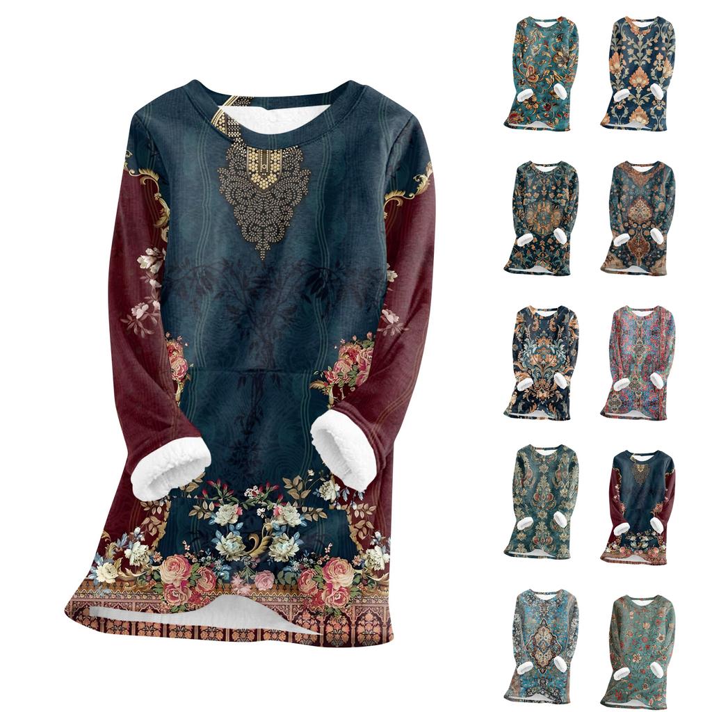 Women's Fashionable Printed Round Neck Long Sleeved Plush Warm Pullover Top